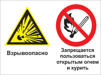 Кз 29 взрывоопасно - запрещается пользоваться открытым огнем и курить. (пластик, 600х400 мм) - Знаки безопасности - Комбинированные знаки безопасности - Магазин охраны труда ИЗО Стиль